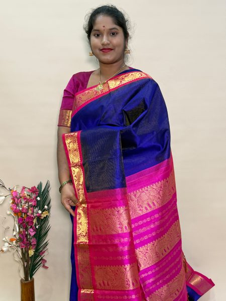 Silk Cotton Korvai Vairaoosi in Violet And Rani Pink With Traditional Border