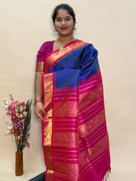 Silk Cotton Korvai Vairaoosi in Peacock Neck Blue And Rani Pink With Traditional Border