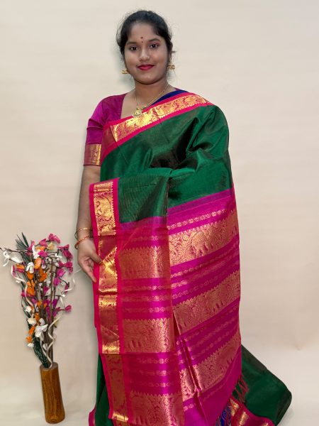 Silk Cotton Korvai Vairaoosi in Green And Rani Pink With Traditional Border