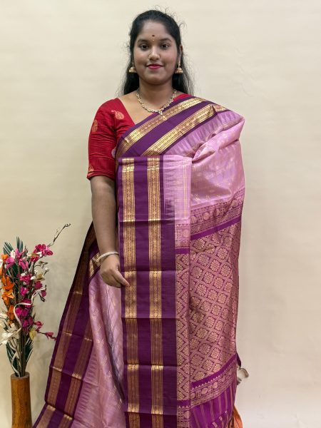 Silk Cotton Korvai Kattam In Pastel Pink And Wine With Rettapet Border