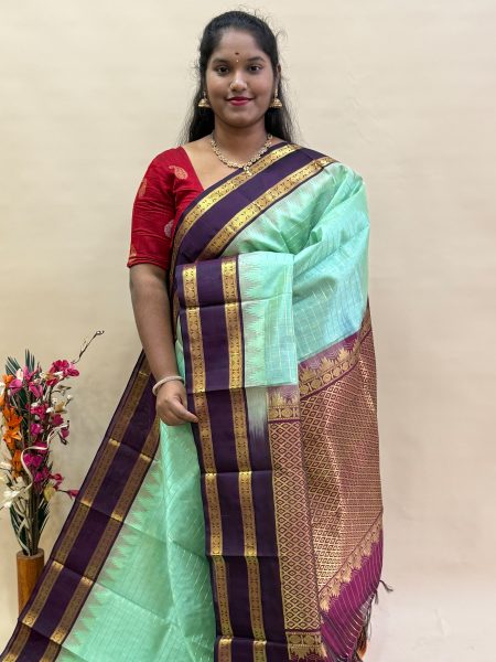 Silk Cotton Korvai Kattam In Pastel Green And Wine With Rettapet Border