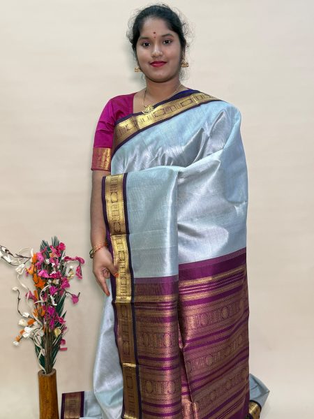 Silk Cotton Korvai Vairaoosi in Silver Grey And Wine With Traditional Border