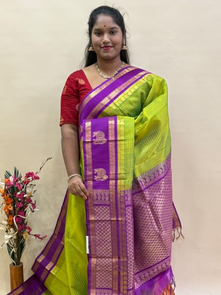 Silk Cotton Korvai Side Buttas in Sneha Green And Vadamalli With Traditional Border