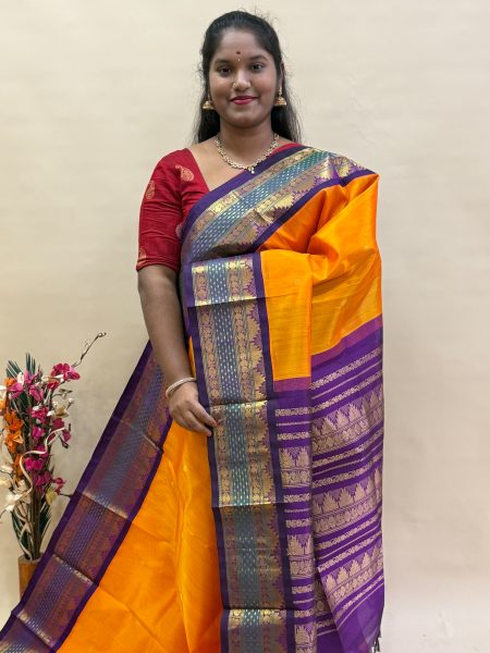 Silk Cotton Korvai Buttas In Mango Yellow And Magentha With Traditional Border