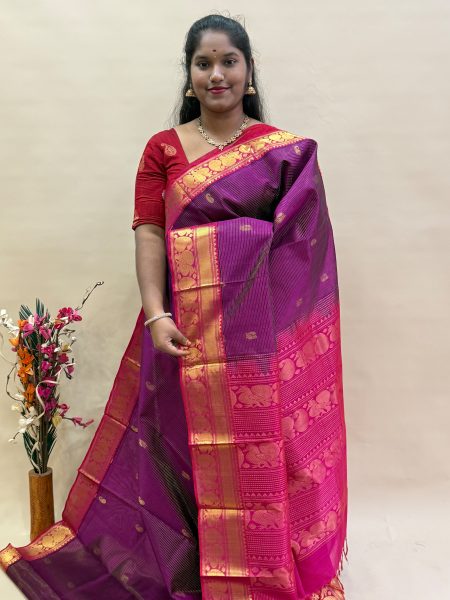 Traditional Silk Cotton Vairaoosi Saree In Magentha And Rani Pink With Traditional Border