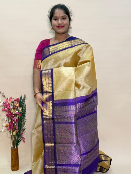 Silk Cotton Korvai Vairaoosi in Beige And Violet With Traditional Border