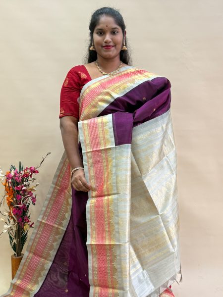 Silk Cotton Korvai Buttas In Wine And Silver Grey With Traditional Border