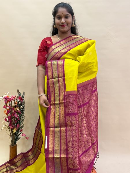 Silk Cotton Korvai Buttas In Lemon Yellow And Kunguma Maroon With Traditional Border