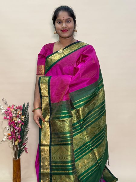 Silk Cotton Korvai Vairaoosi in Vadamalli And Green With Traditional Border