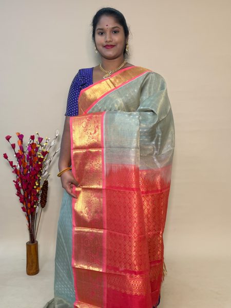 Vintage Korvai Silk Cotton in Pastel Green And Orange With Traditional Border