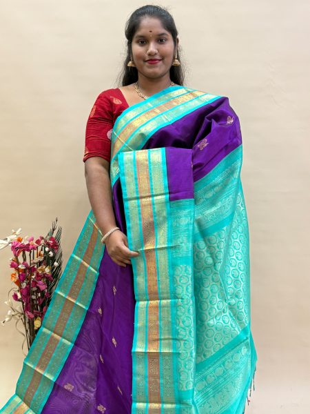 Silk Cotton Korvai Buttas In Magentha And Teal With Traditional Border