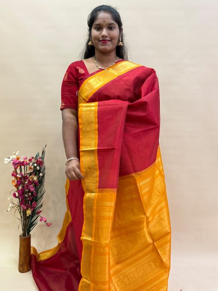 Silk Cotton Korvai Vairaoosi in Maroon And Mustard With Traditional Border