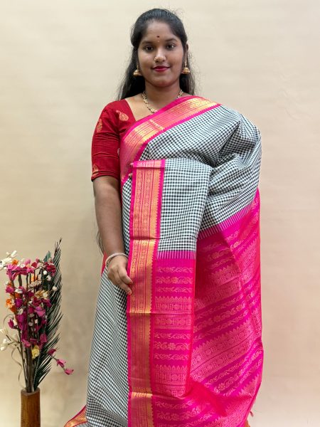 Silk Cotton Korvai Kasa Kasa Kattam in White,Black And Pink With Traditional Border