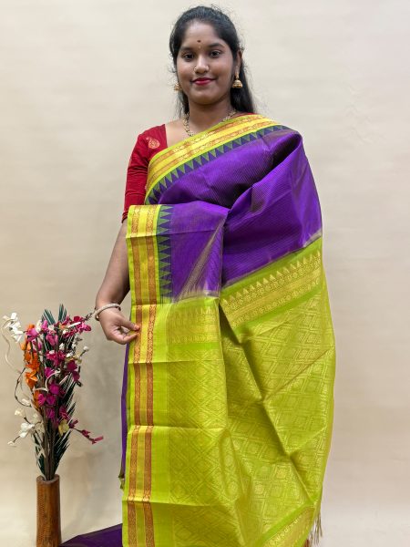 Silk Cotton Korvai Vairaoosi in Magentha And Olive Green With Traditional Border