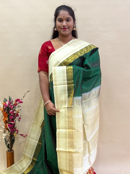 Silk Cotton Kuppadam Kattam in Green And Half White With Traditional Border