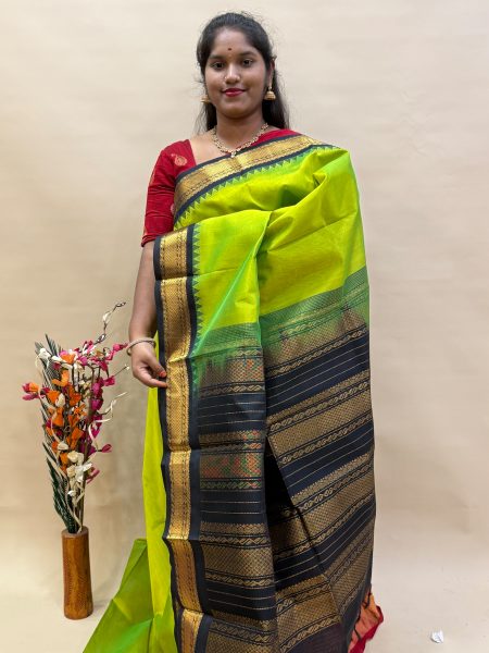 Silk Cotton Korvai in Sneha Green And Black With Traditional Border