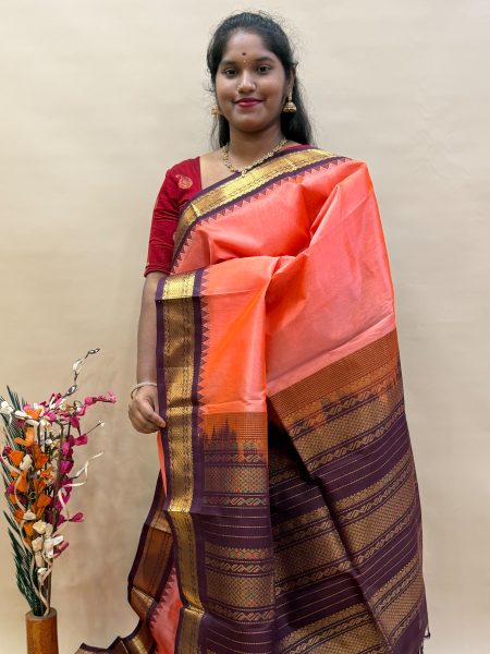 Silk Cotton Korvai in Pastel Orange And Brown With Traditional Border