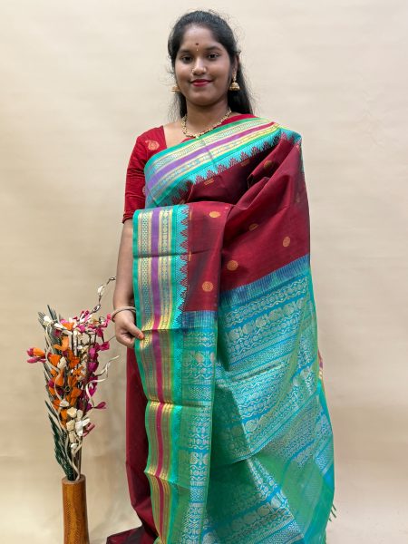 Silk Cotton Korvai Buttas In Maroon  And Dual Shaded Teal With Traditional Border