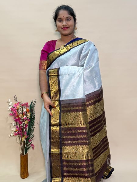 Silk Cotton Korvai Vairaoosi in Silver Grey And Coffee Brown And Mustard With Traditional Border