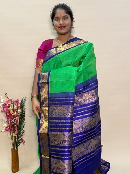 Silk Cotton Korvai Vairaoosi in Parrot Green And Violet With Traditional Border