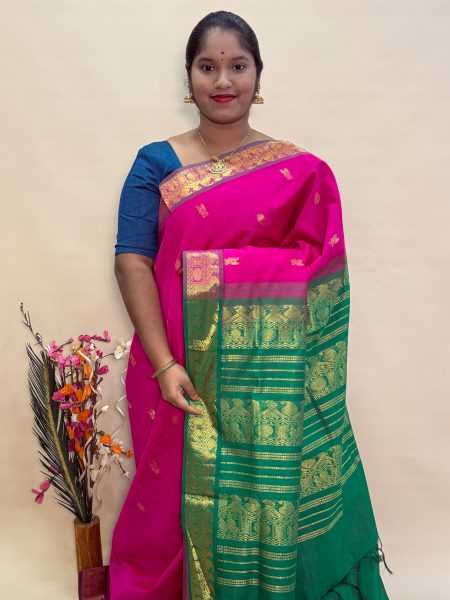 Semi Silk Cotton Buttas In Magentha And Green With Traditional Border