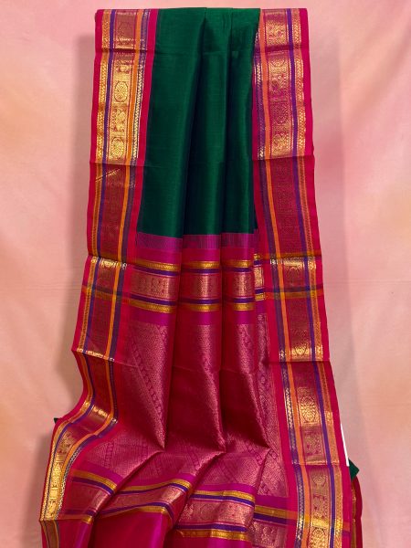 Madisar Korvai Silk Cotton Saree In Green And Rani Pink With Traditional Border