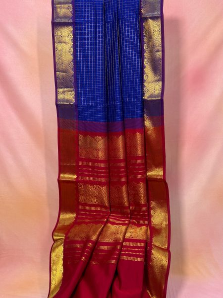 Madisar Semi Silk Cotton Checked Saree In MS Blue And Maroon With Traditional Border