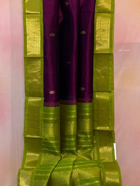 Madisar Korvai Silk Cotton Buttas Saree In Wine And olive Green With Traditional Border
