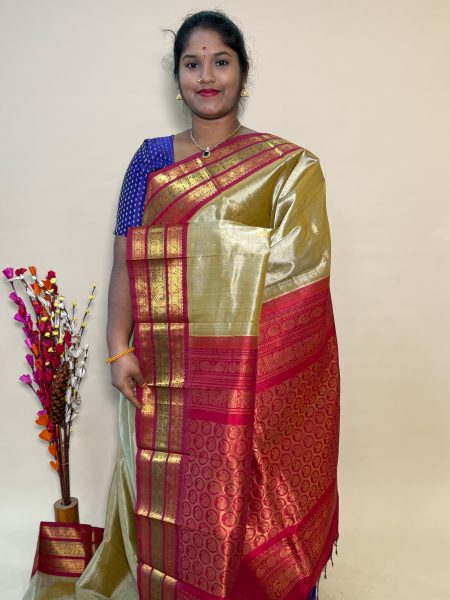 Silk Cotton Korvai Buttas In Beige And Maroon With Traditional Border