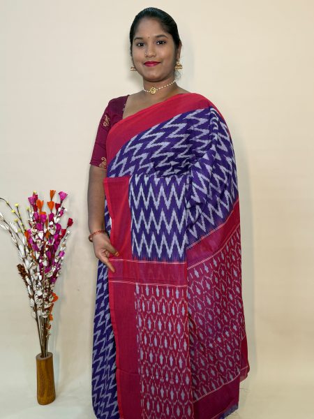 Mercerised Ikkat Cotton Saree In Purple And Reddish Maroon With Allover Ikkat Weaves