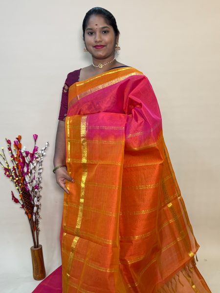 Simple Silk Cotton Saree in Peachish Pink And Rust Orange With Traditional Border