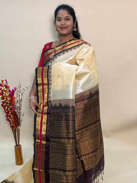 Silk Cotton Korvai Buttas In Beige And Coffee Brown With Traditional Border