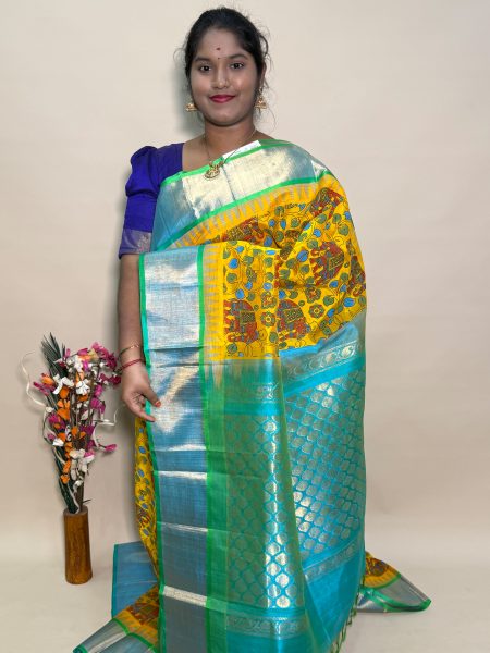 Kuppadam Silk Cotton Kalamkari Prints in Mango Yellow And Teal With Traditional Border