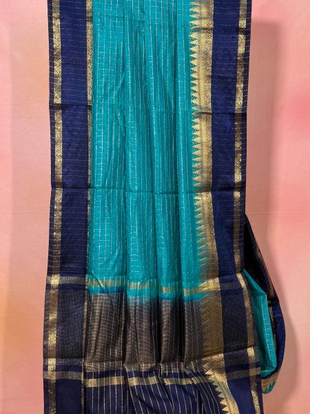 Semi Mysore Silk Checked Saree In Ramar Blue And Navy Blue With Rettapet Border