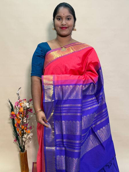 Semi Silk Cotton Plain In Peach Orange And Violet With Traditional Border