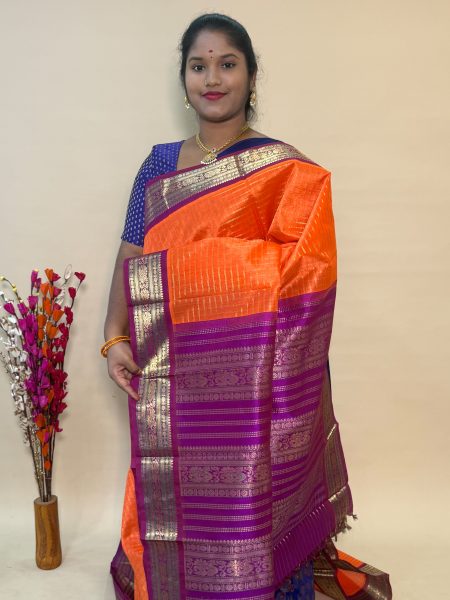 Silk Cotton Korvai Muthu Kattam in Orange And Vadamalli With Traditional Border