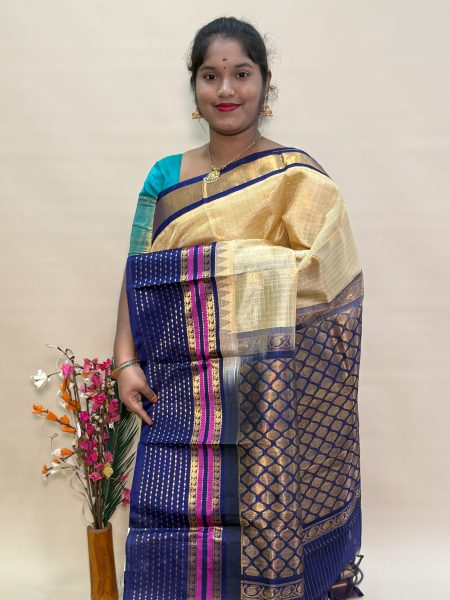 Silk Cotton Kuppadam Checked Buttas in Beige And Navy Blue With Traditional Border