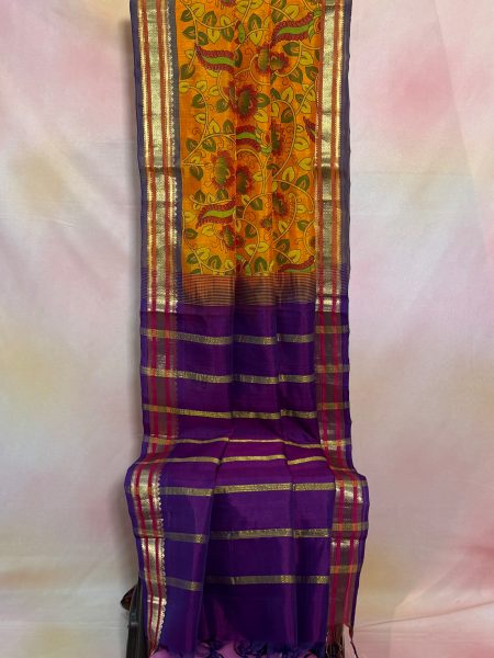 Silk Cotton Kalamkari Prints in Dual Shaded Mustard And Purple With Traditional Border