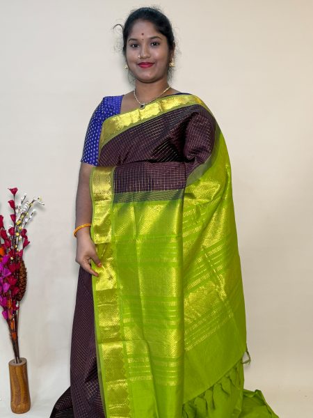 Semi Silk Cotton Kattam In Coffee Brown And Olive Green With Traditional Border