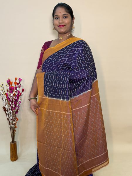 Mercerised Ikkat Cotton Saree In Dark Violet And Dual Shaded Mustard With Allover Ikkat Weaves