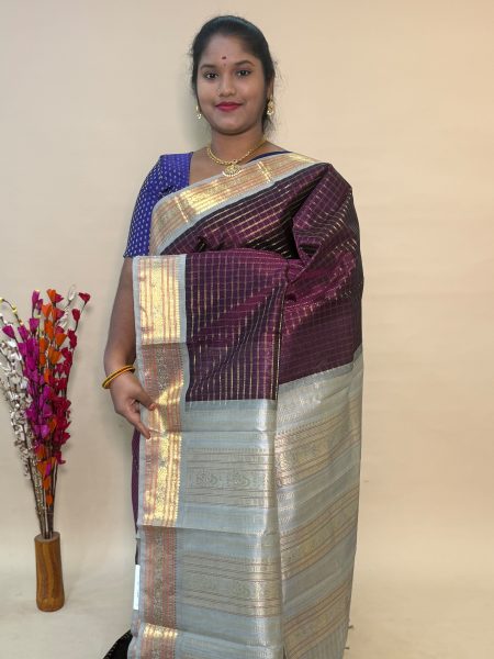Silk Cotton Korvai Muthu Kattam in Wine And Silver Grey With Traditional Border