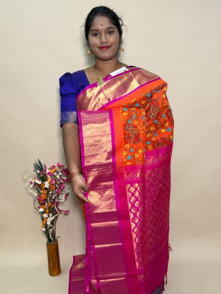 Kuppadam Silk Cotton Kalamkari Prints in Orange And Pink With Traditional Border