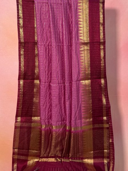 Semi Mysore Silk Checked Saree In Lotus Pink And Wine With Rettapet Border