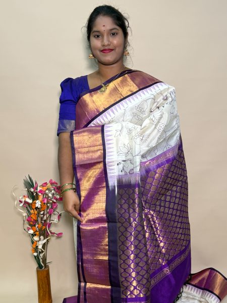 Kuppadam Silk Cotton Kalamkari Prints in White And Magentha With Traditional Border