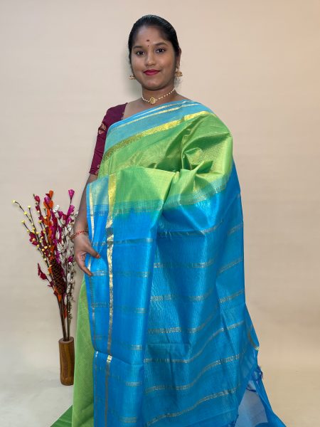 Simple Silk Cotton Saree in Pastel Green And CS Blue With Traditional Border