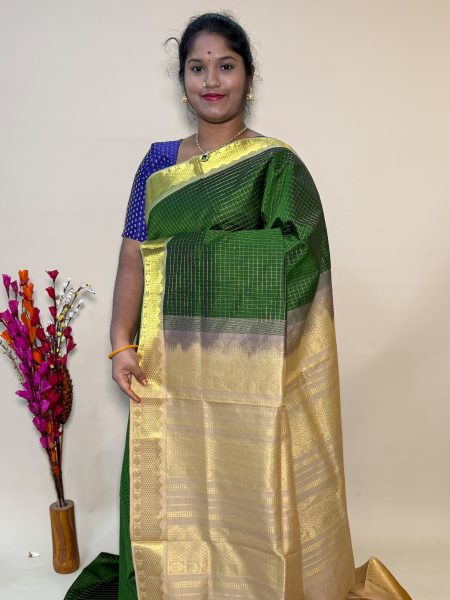 Semi Silk Cotton Kattam In Olive Green And Beige With Traditional Border