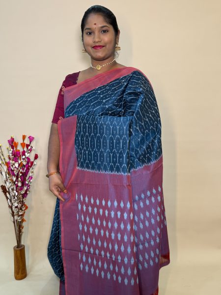 Mercerised Ikkat Cotton Saree In Elephant Grey And Dual Shaded Maroon With Allover Ikkat Weaves