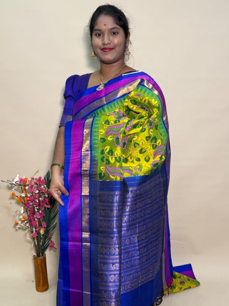 Kuppadam Silk Cotton Kalamkari Prints in Sneha Green And Violet With Traditional Border