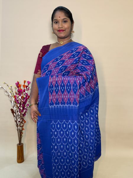 Mercerised Ikkat Cotton Saree In dual Shaded Pink And Royal Blue With Allover Ikkat Weaves