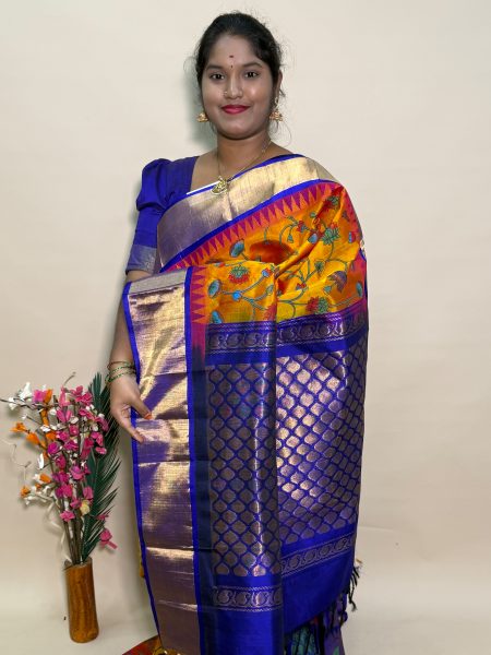 Kuppadam Silk Cotton Kalamkari Prints in Dual Shaded Mustard And Violet With Traditional Border